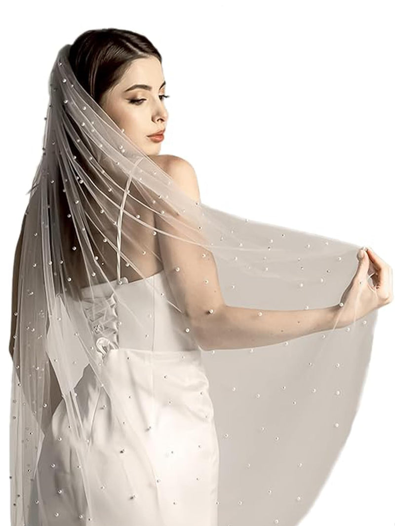 WEZTEZ Pearls Bridal Veils for Bride with Comb Pearl Veil for Wedding Dress (Ivory 90)