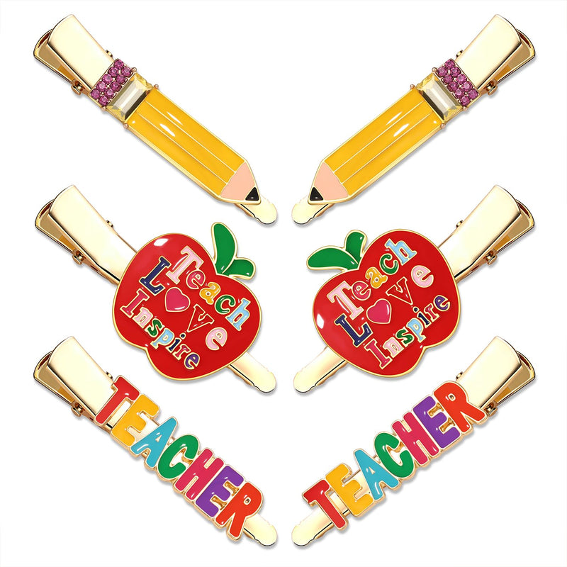 Teacher's Pencil & Apple Rhinestone Hair Clips 6-Pack