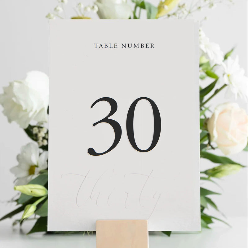 Elegant Wedding Table Numbers 1-30 - Embossed Double-Sided Cards