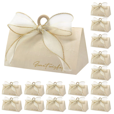 Elegant Beige Wedding Favor Boxes with Ribbons - 20pcs
