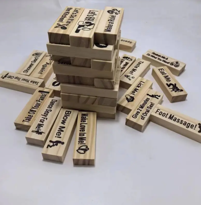 Wooden blocks with humorous text on a white background