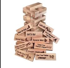 Stack of wooden blocks with humorous sayings on them
