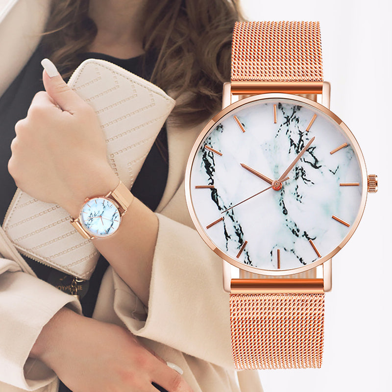 Fashion Rose Gold Mesh Band Creative Marble Female Wrist Watch Luxury Women Quartz Watches Gifts